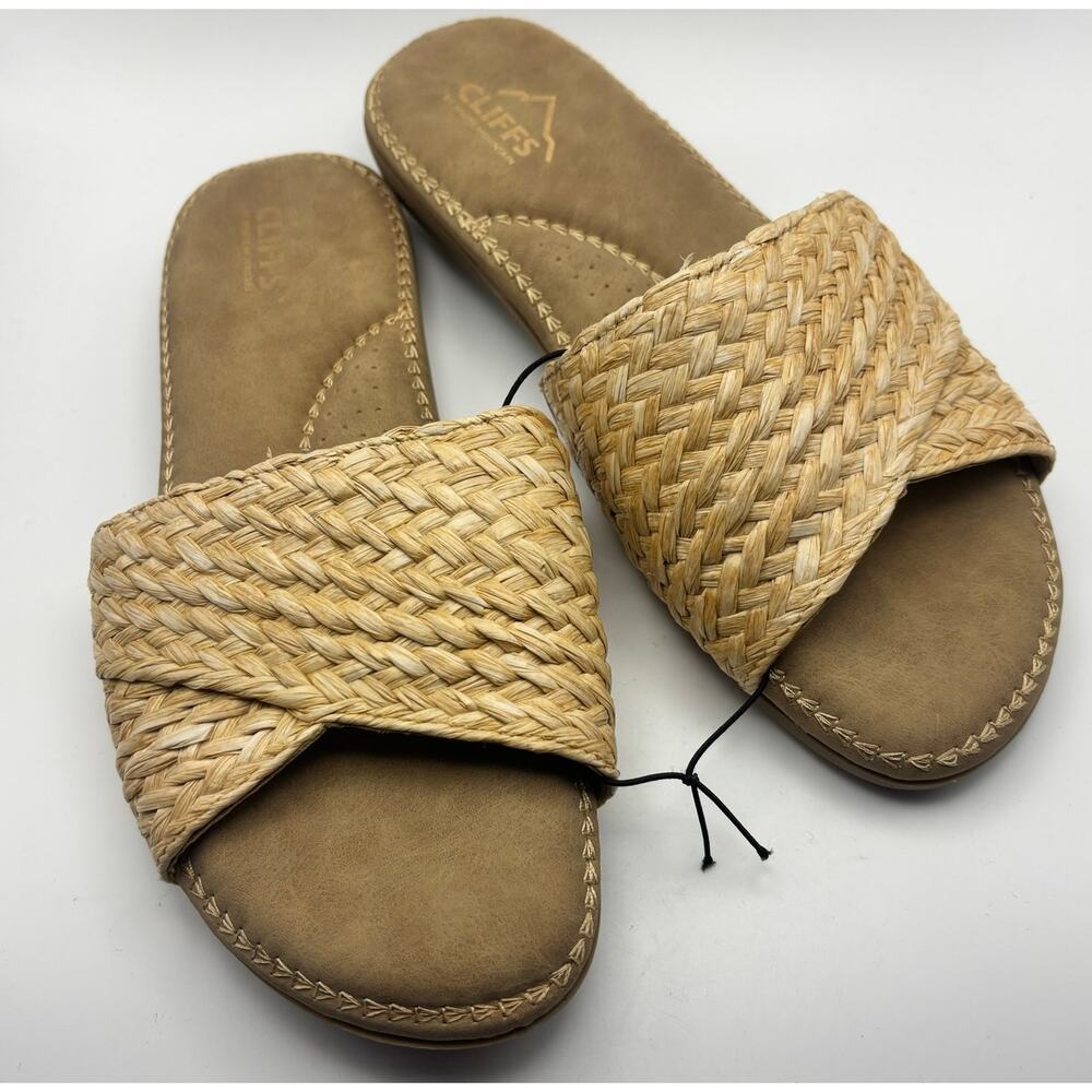 Cliffs Raffia Slide Sandals Natural Woven Boho Comfort Flats Women Sz 8 NWOT